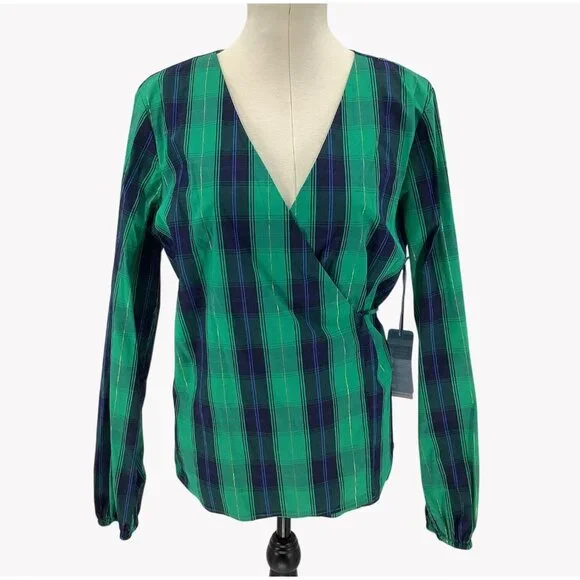 NWT Southern Tide Womens Green & Navy Plaid Wrap Long Sleeve Top XL - Picture 2 of 9